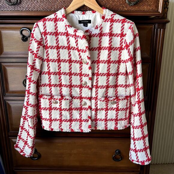 Ann Taylor Women´s Plaid Fringe Tweed patch pockets Blazer Jacket